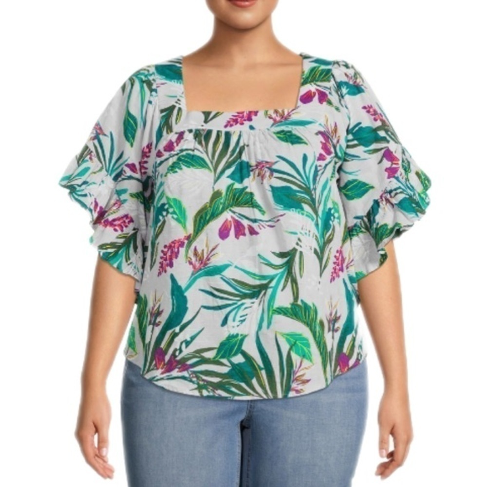Terra & Sky lavender Floral Square Neckline Peasant Top 3X